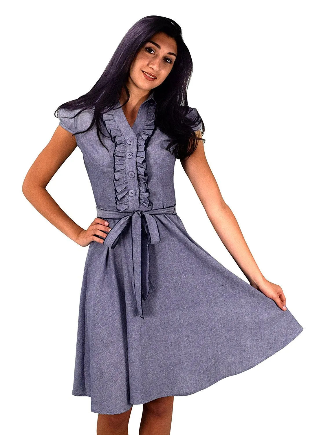 100% Cotton Ruffle Neck Self Tie Cap Sleeve Knee Length Sundress Denim Medium