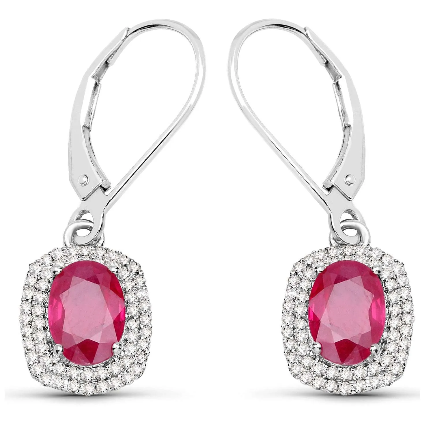 14K White Gold 2.26 Carat Genuine Ruby and White Diamond Earrings