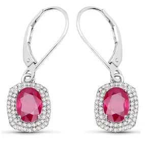 14K White Gold 2.26 Carat Genuine Ruby and White Diamond Earrings