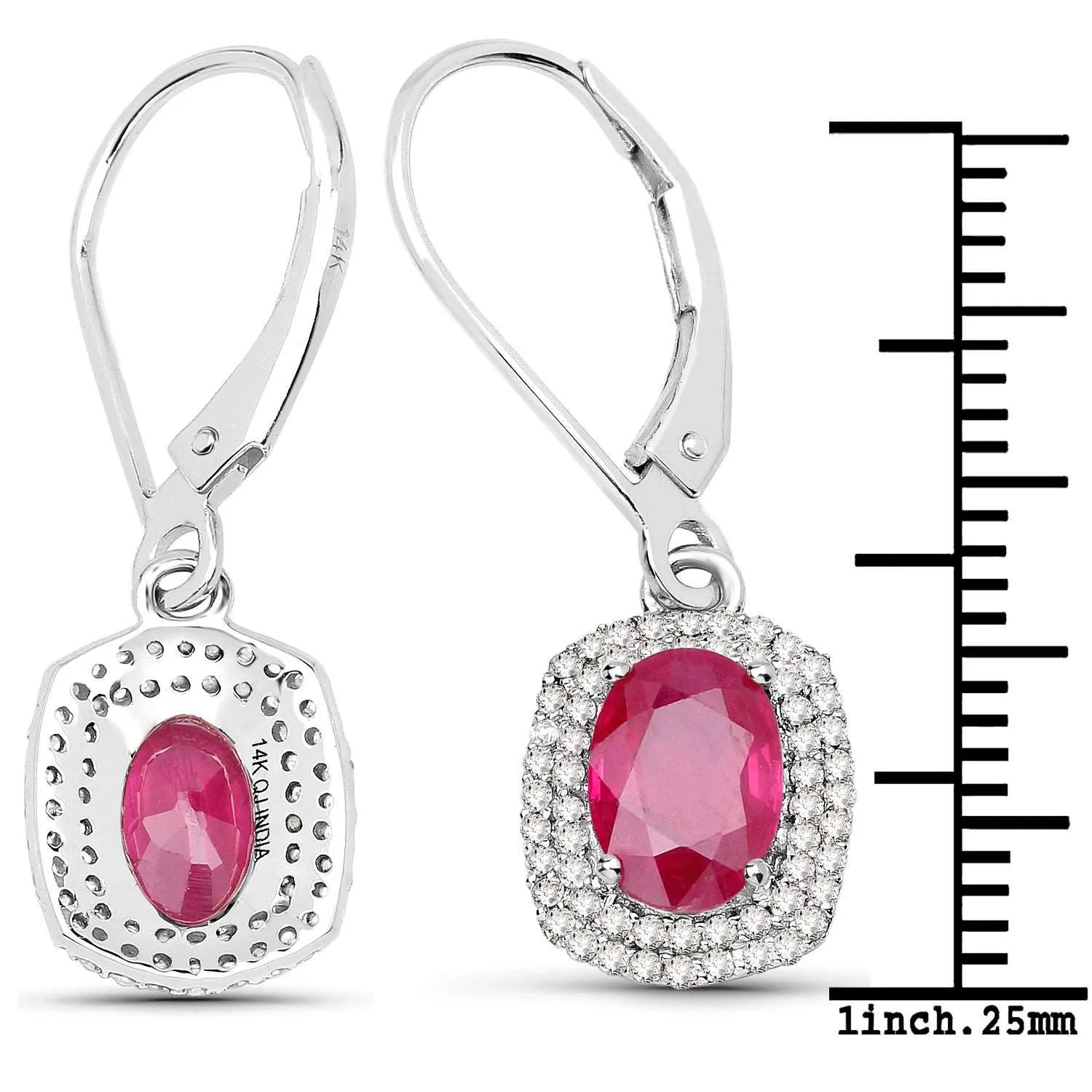 14K White Gold 2.26 Carat Genuine Ruby and White Diamond Earrings