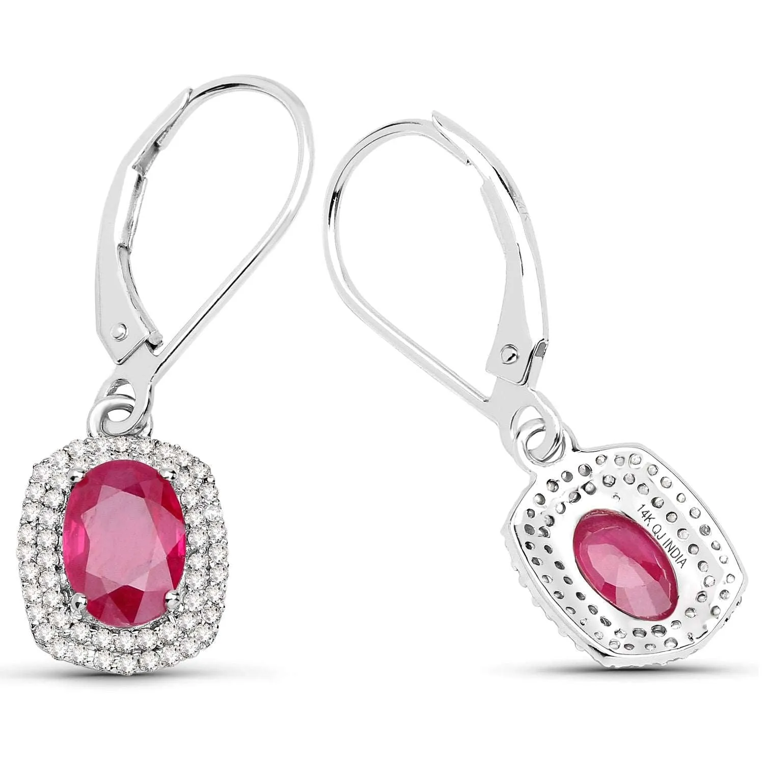 14K White Gold 2.26 Carat Genuine Ruby and White Diamond Earrings