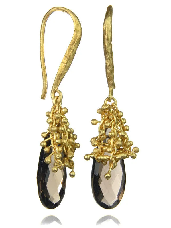 18K Gold Plated Oblong Burst Earrings Smokey Quartz