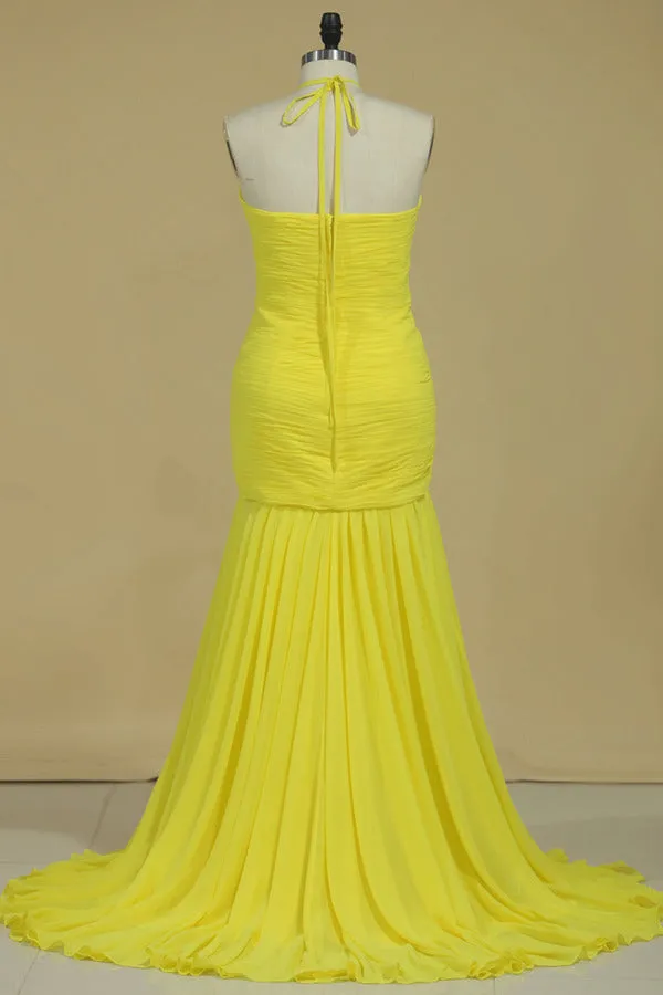 2024 Prom Dress Halter Pleated Bust & Bodice With Shirred Chiffon Skirt Sweep PH6L3QP8