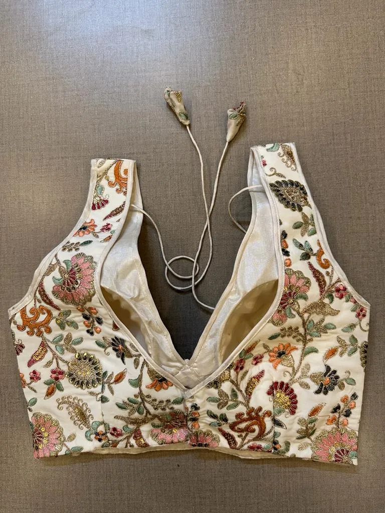 50V463-RO Cream Sleeveless Blouse With Multicolor Embroidery