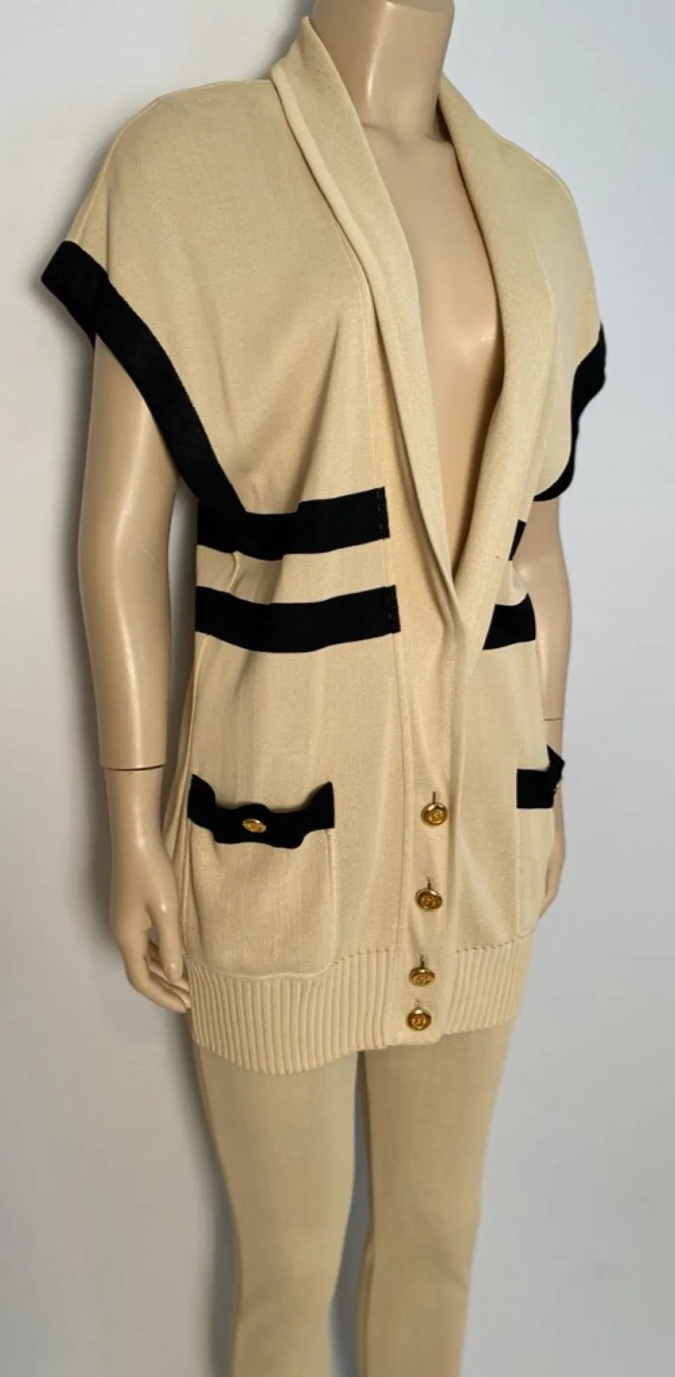 80’s/90’s Rare! Vintage Chanel stretchy pants w matching cardigan Striped Ecru and Black FR 40