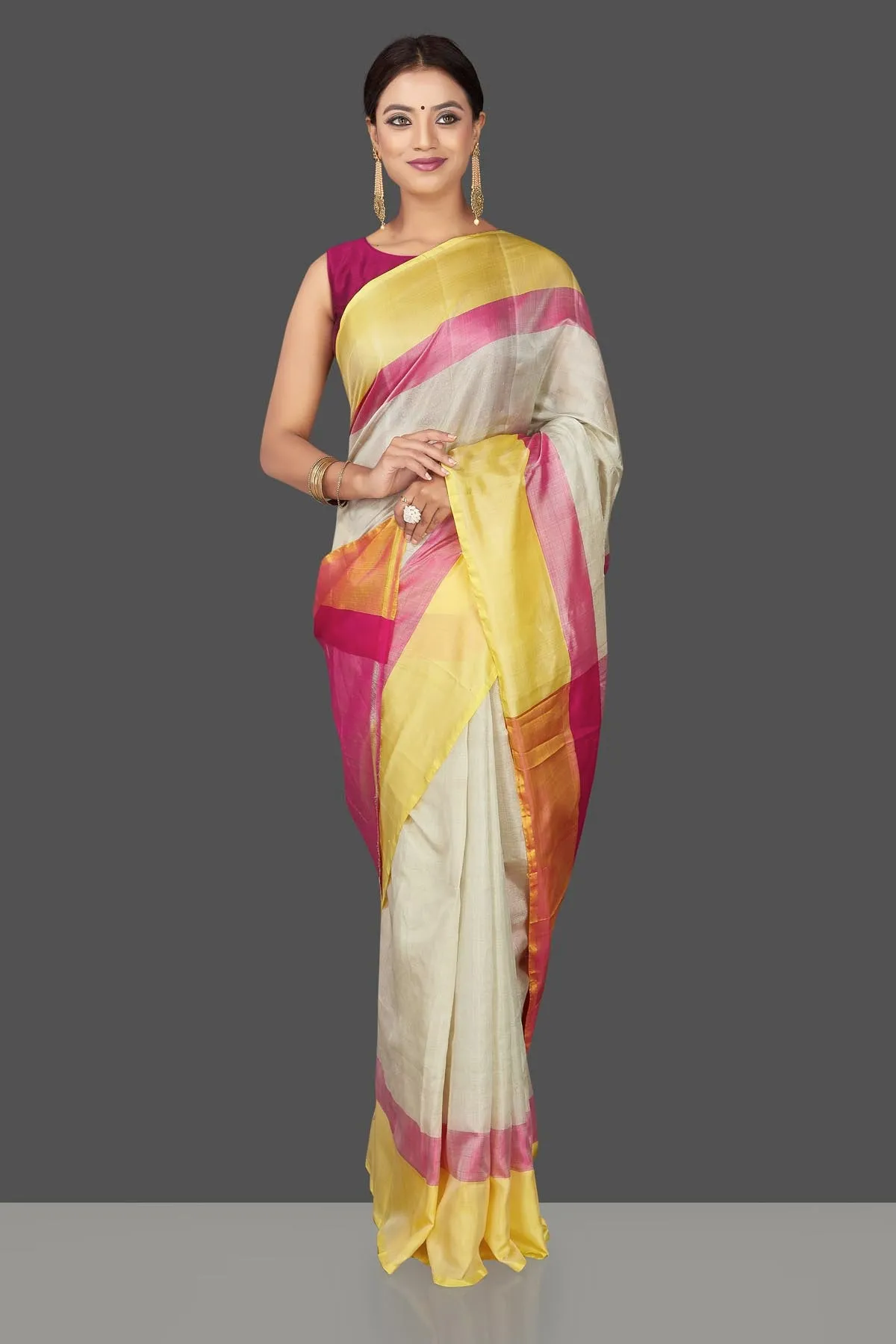 90J788 Off White Uppada Silk Saree with Pink and Yellow Border