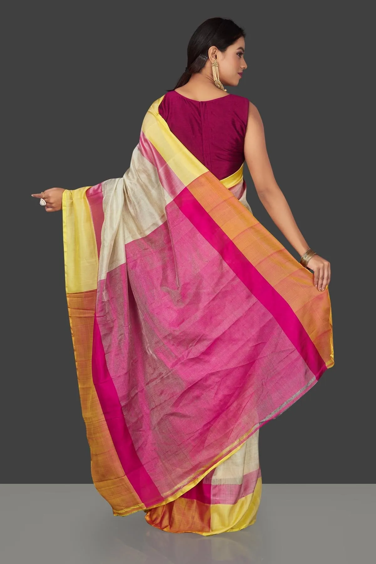 90J788 Off White Uppada Silk Saree with Pink and Yellow Border