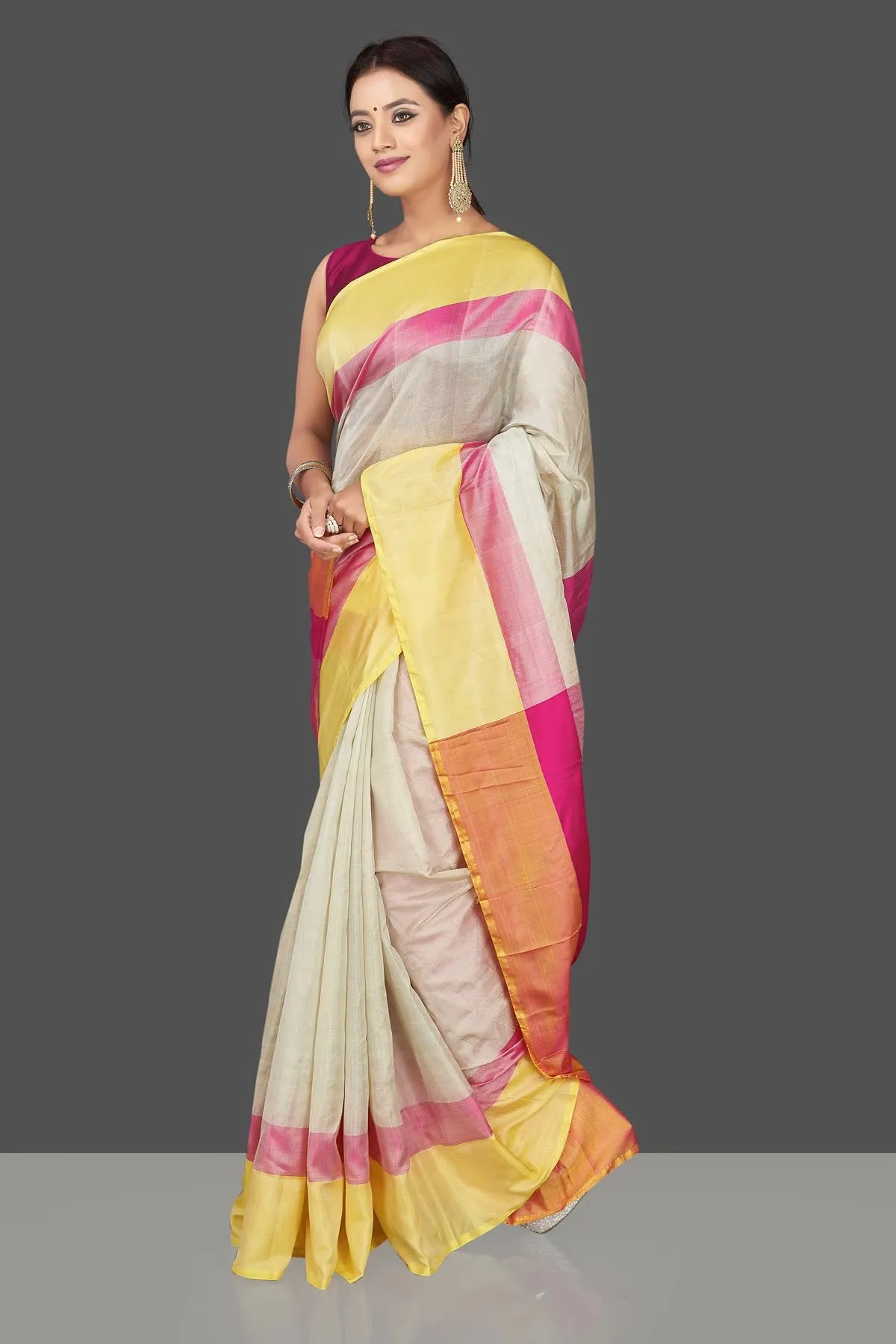 90J788 Off White Uppada Silk Saree with Pink and Yellow Border