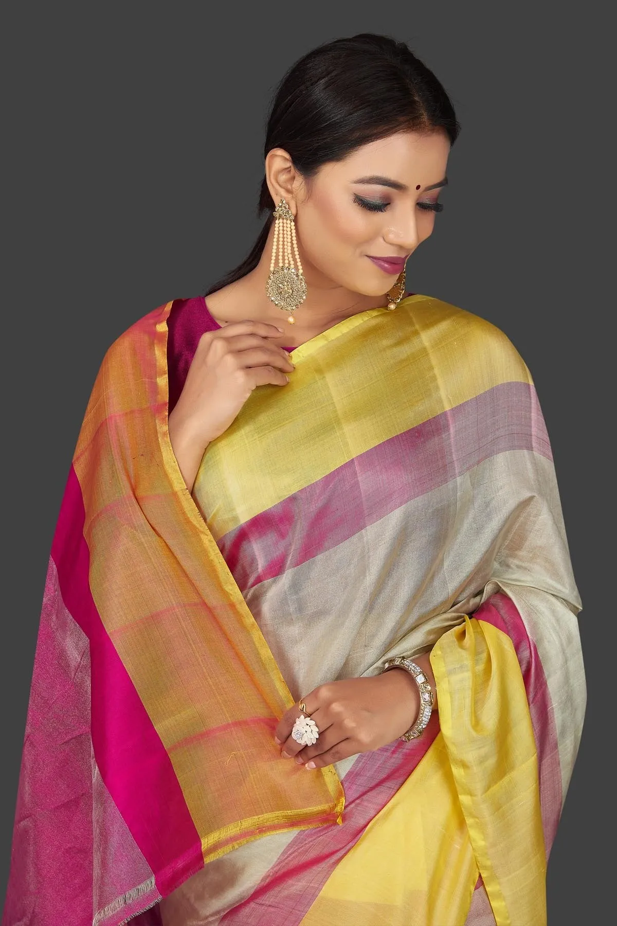 90J788 Off White Uppada Silk Saree with Pink and Yellow Border