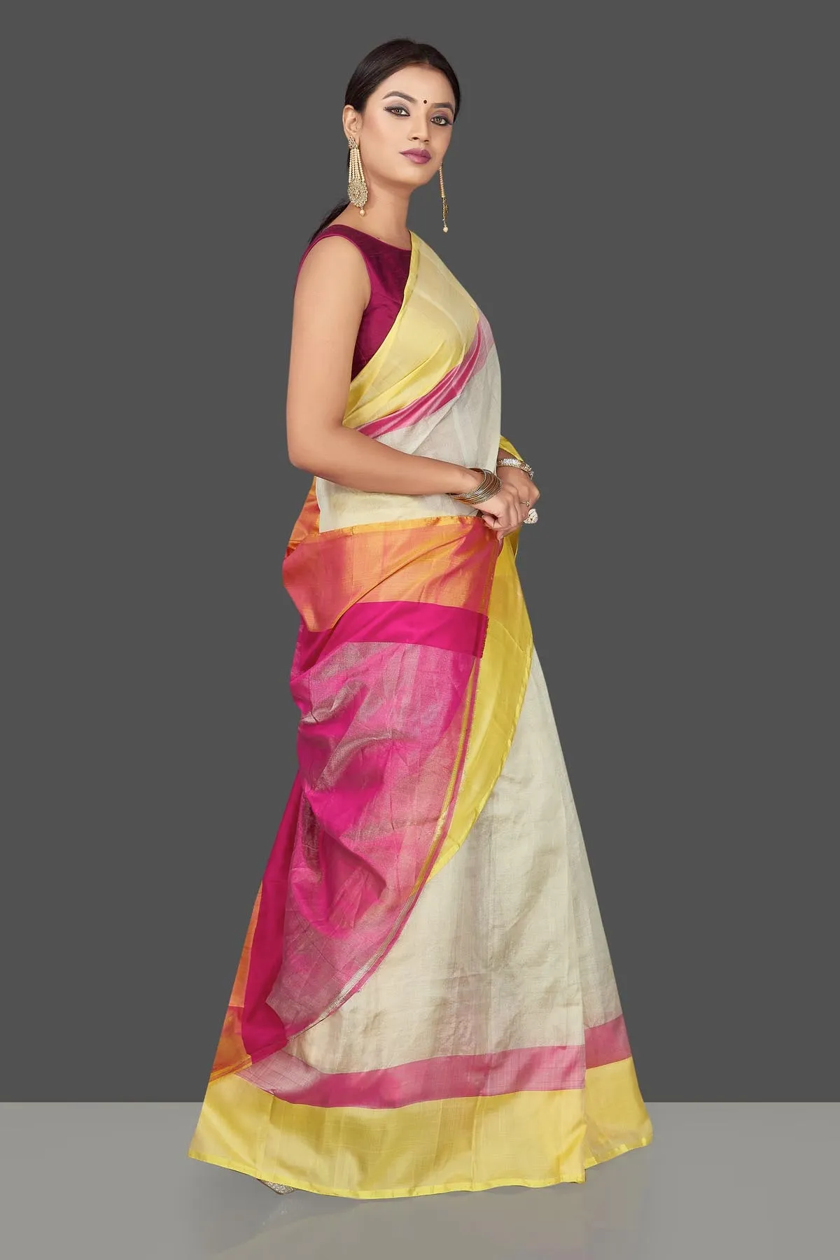 90J788 Off White Uppada Silk Saree with Pink and Yellow Border