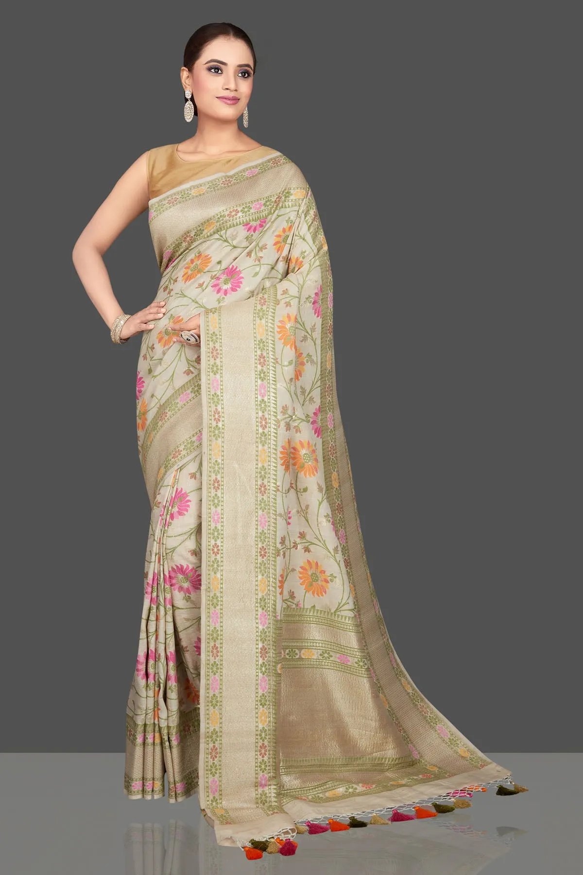 90K558-RO Cream Floral Tussar Georgette Saree