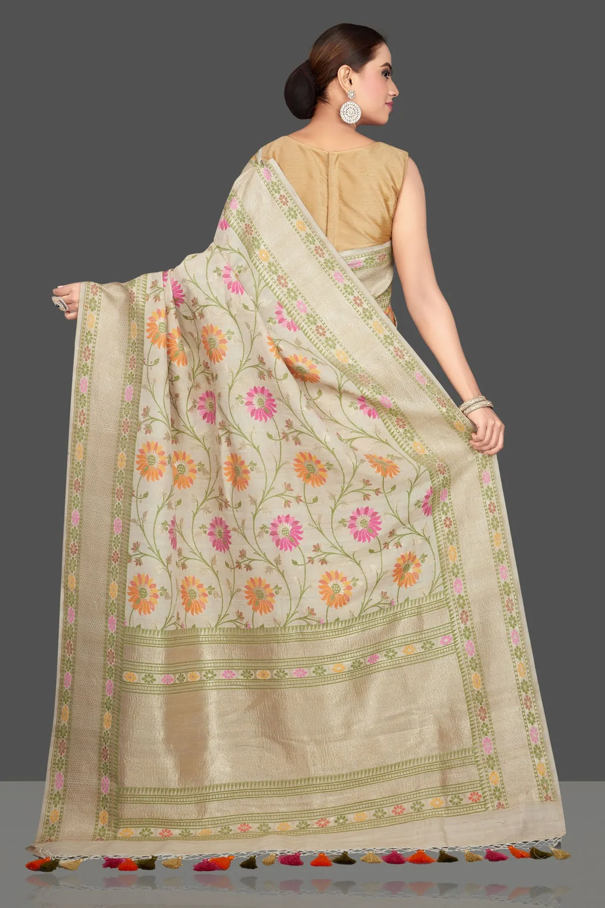 90K558-RO Cream Floral Tussar Georgette Saree