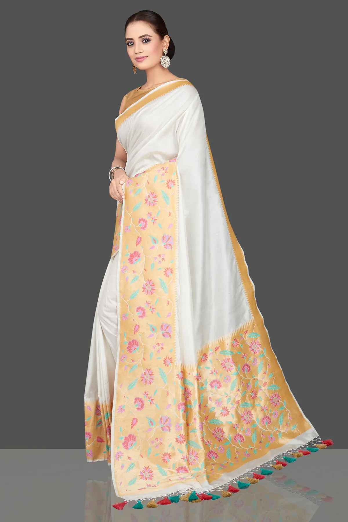 90K570-RO White Silk Katan Saree with Heavy Zari Floral Minakari Border