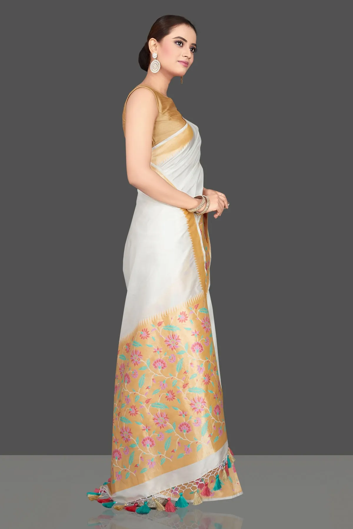 90K570-RO White Silk Katan Saree with Heavy Zari Floral Minakari Border