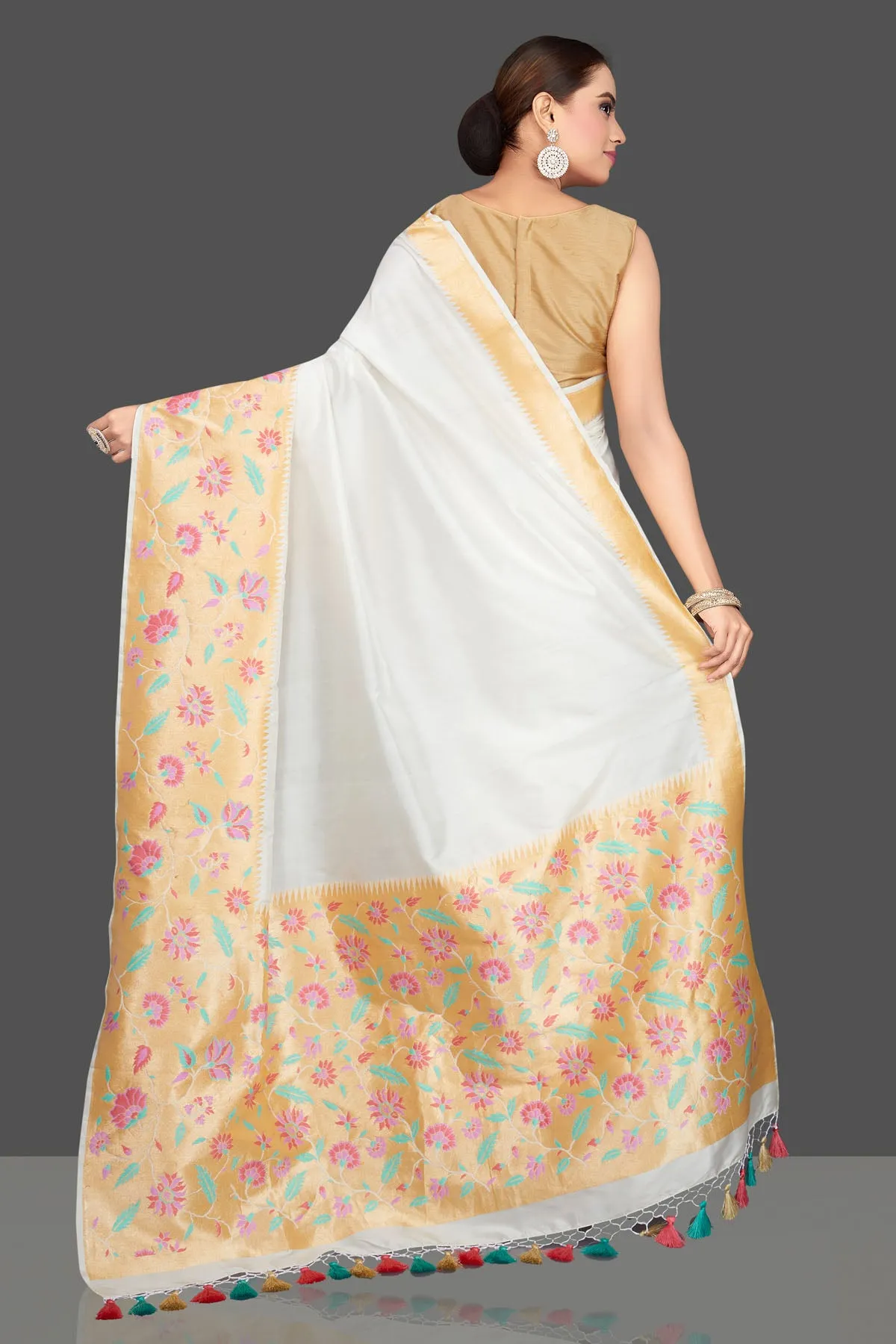 90K570-RO White Silk Katan Saree with Heavy Zari Floral Minakari Border