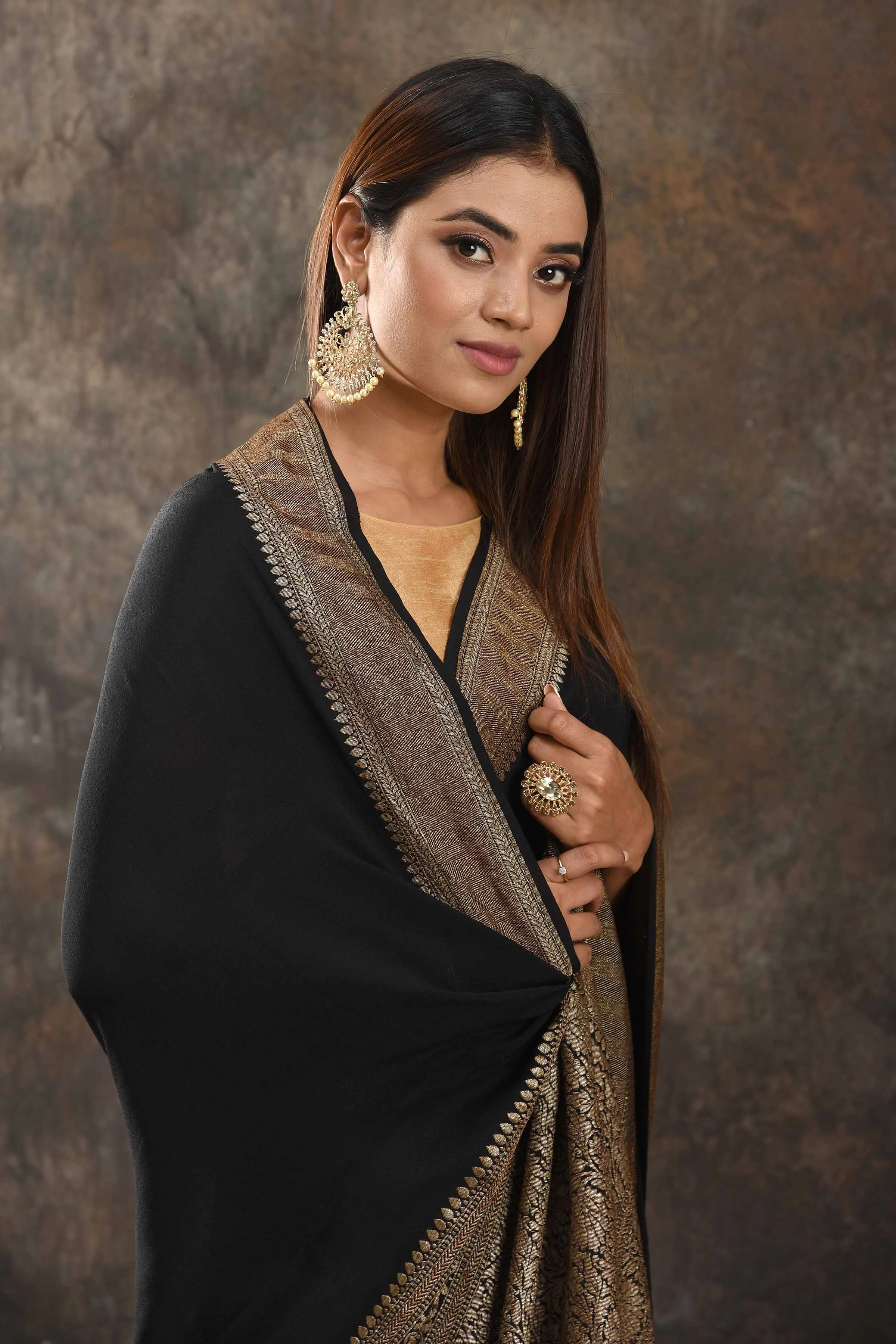 90N371-RO Black Crepe Saree with Zari Border