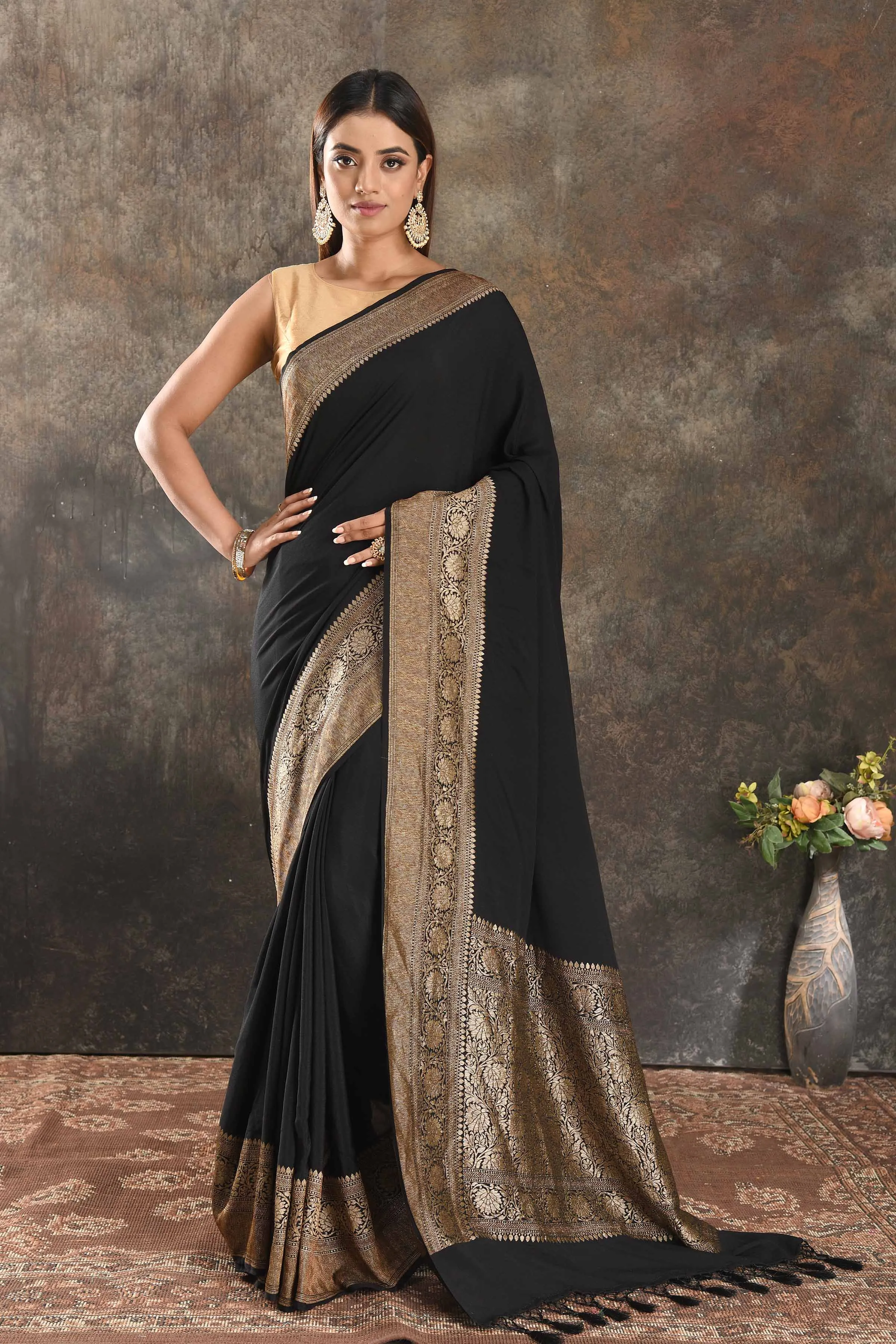 90N371-RO Black Crepe Saree with Zari Border