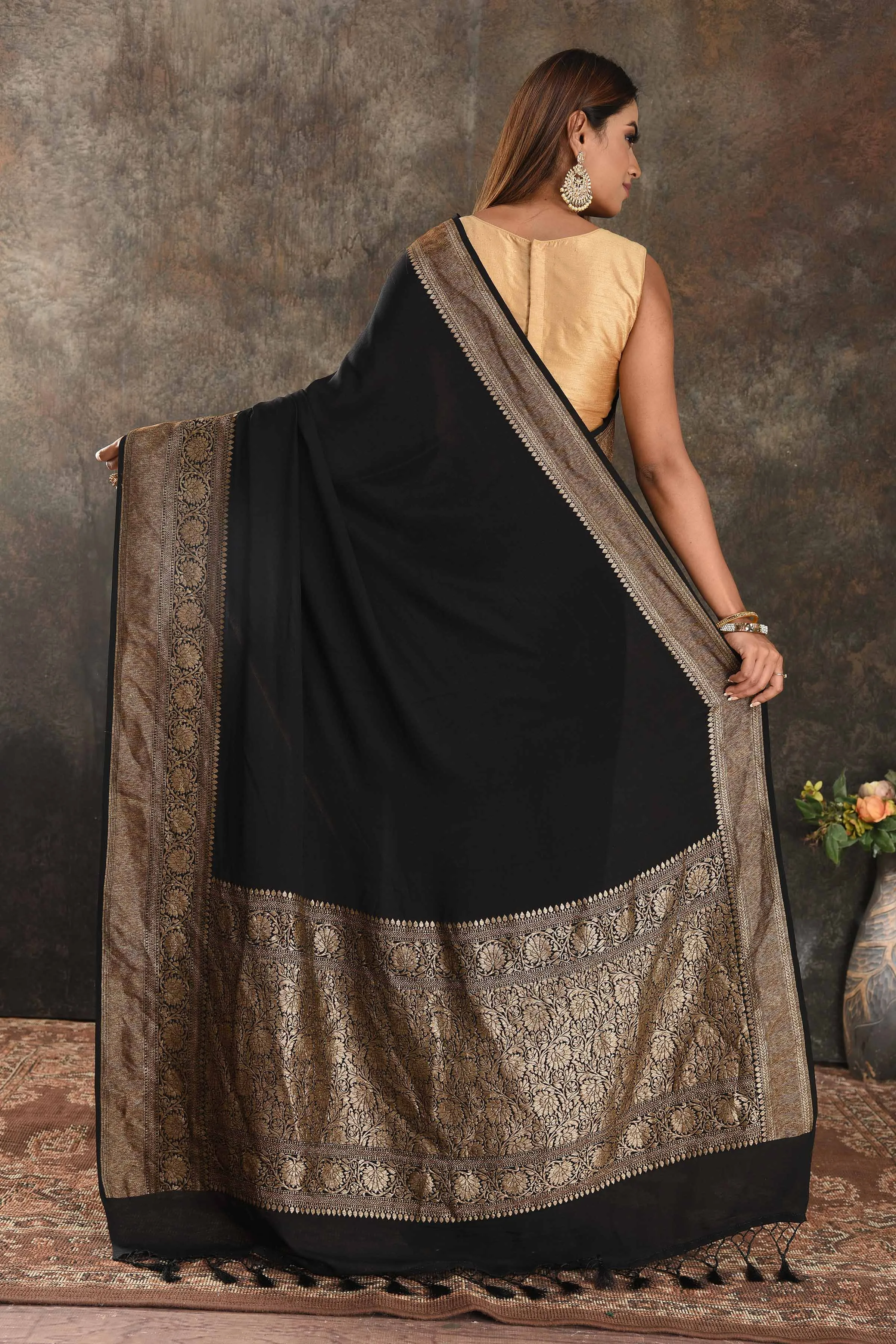 90N371-RO Black Crepe Saree with Zari Border