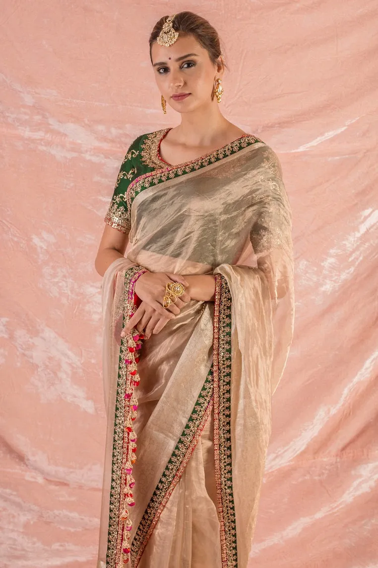 90Z025-RO Gold Embroidered Handloom Saree with Blouse