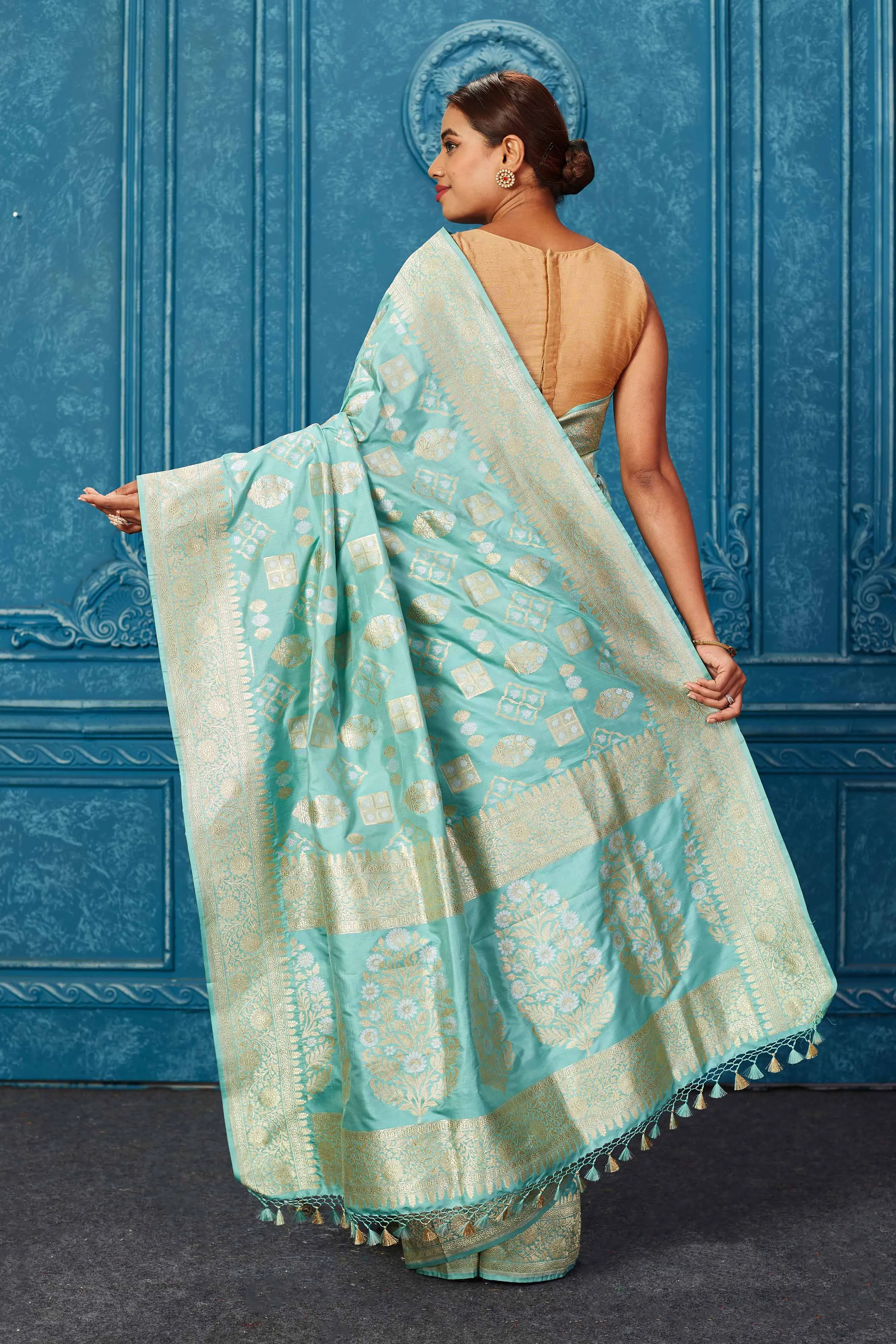 91A223 Pastel Green Banarasi Saree with Zari Buta and Border