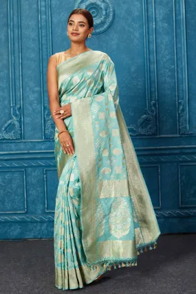 91A223 Pastel Green Banarasi Saree with Zari Buta and Border