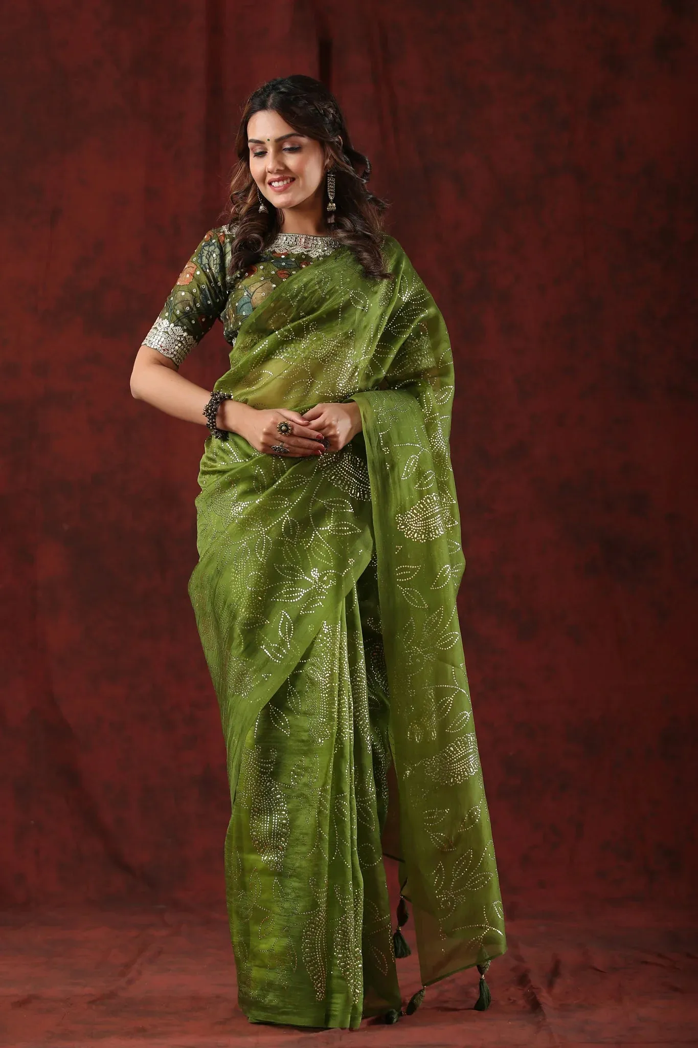 92A046 Green Embellished Organza Silk Saree With Blouse