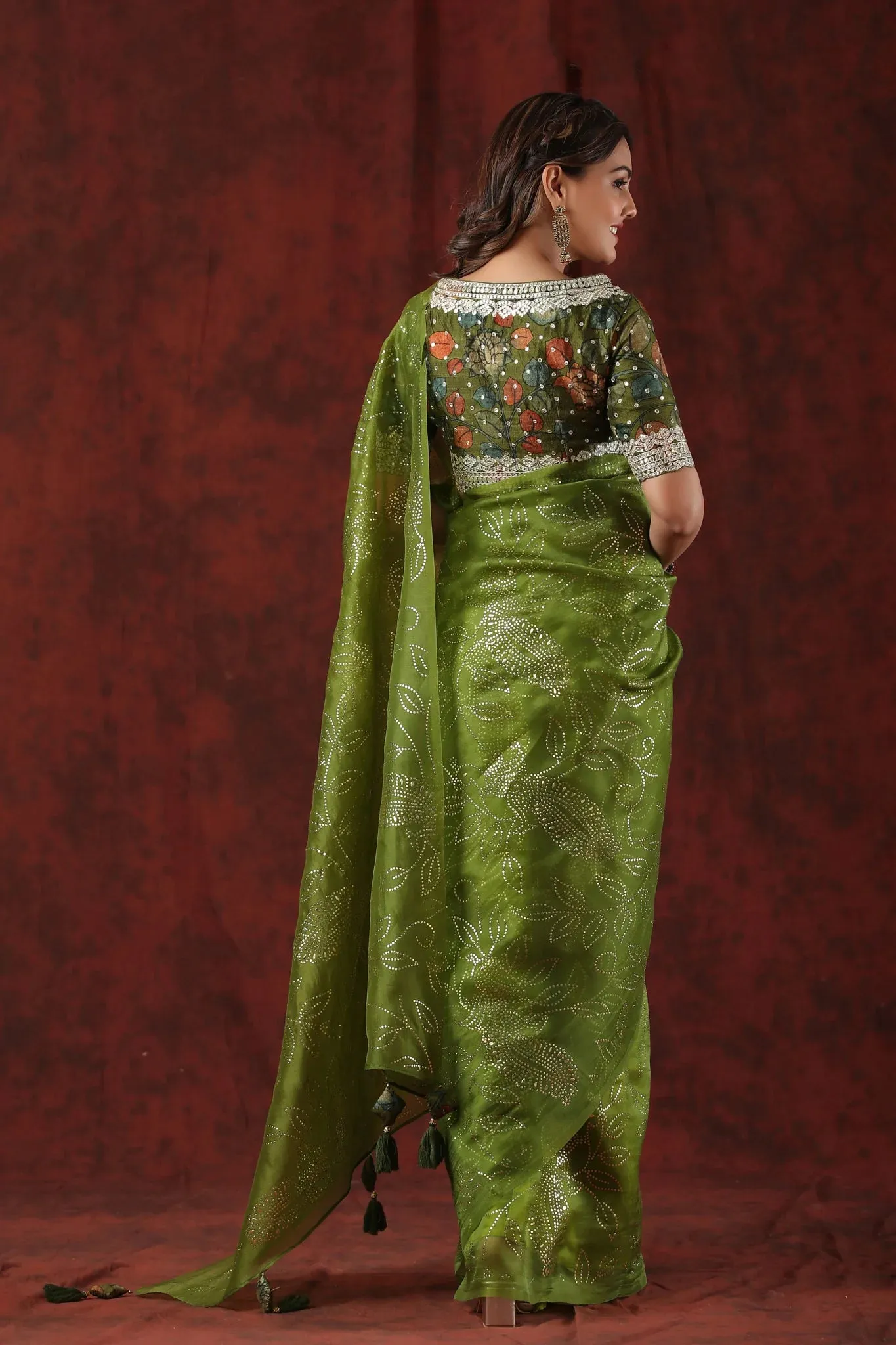 92A046 Green Embellished Organza Silk Saree With Blouse