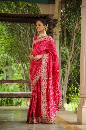 92A059 Pink Embroidered Patola Silk Saree With Blouse