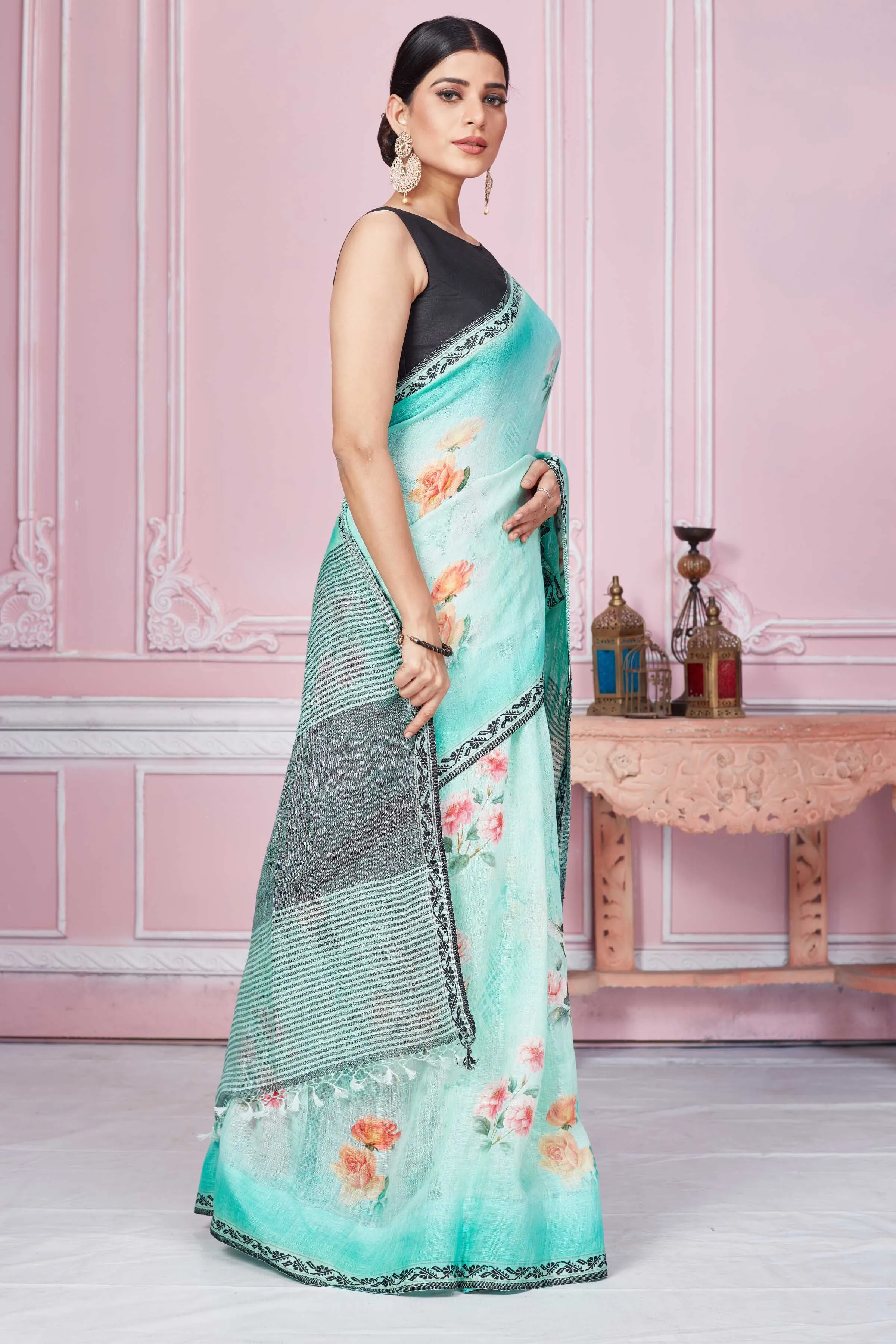 92A280 Pastel Green Floral Print Linen Saree With Striped Pallu