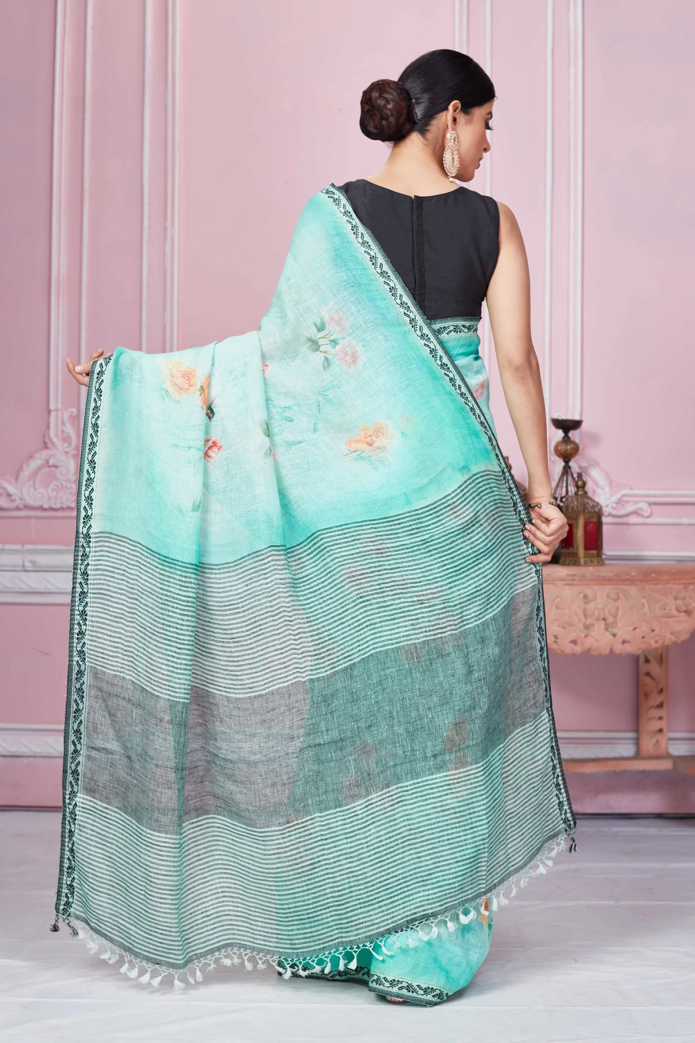 92A280 Pastel Green Floral Print Linen Saree With Striped Pallu