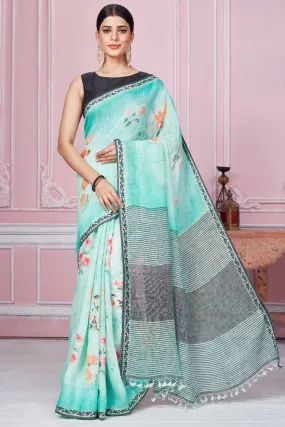 92A280 Pastel Green Floral Print Linen Saree With Striped Pallu