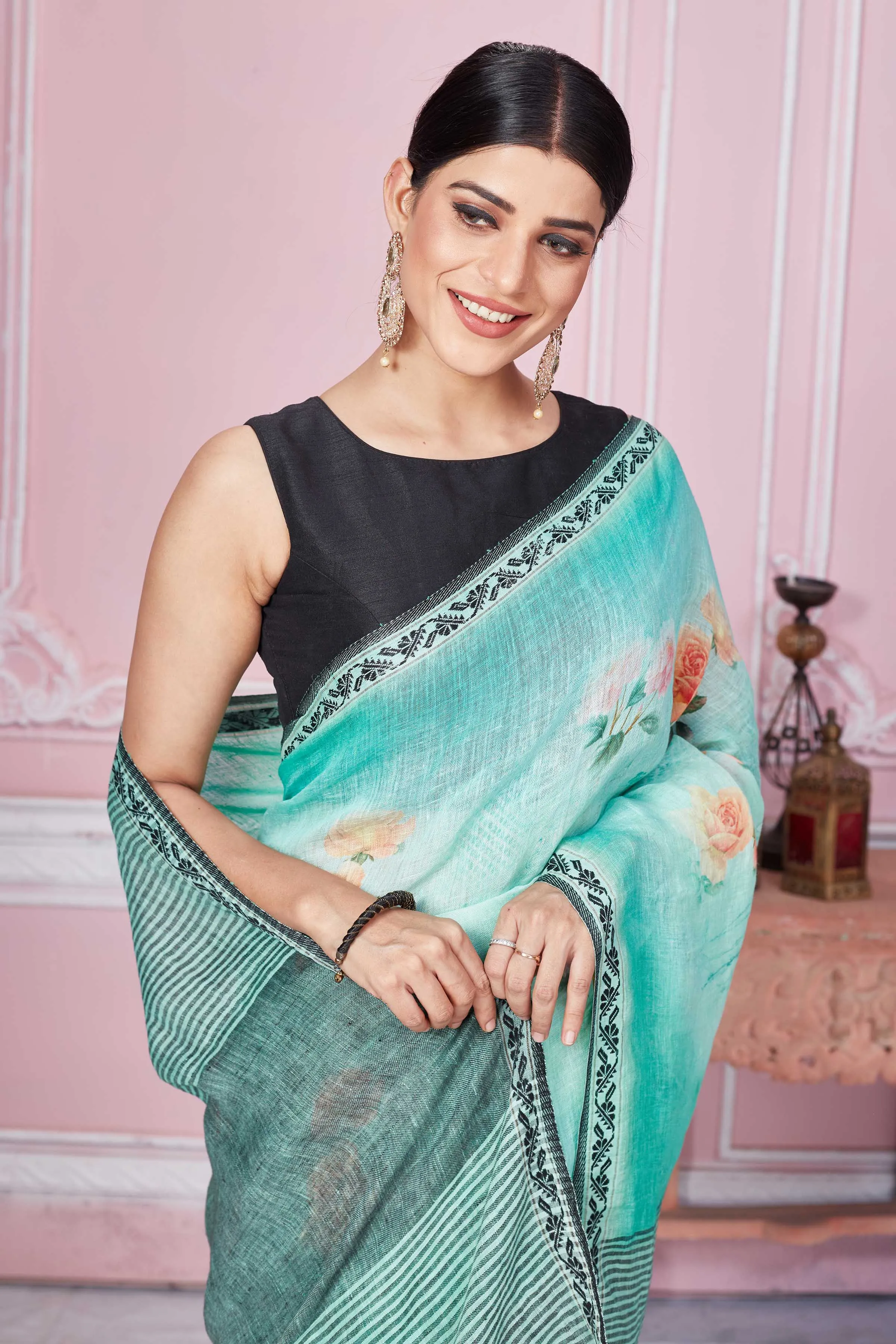 92A280 Pastel Green Floral Print Linen Saree With Striped Pallu