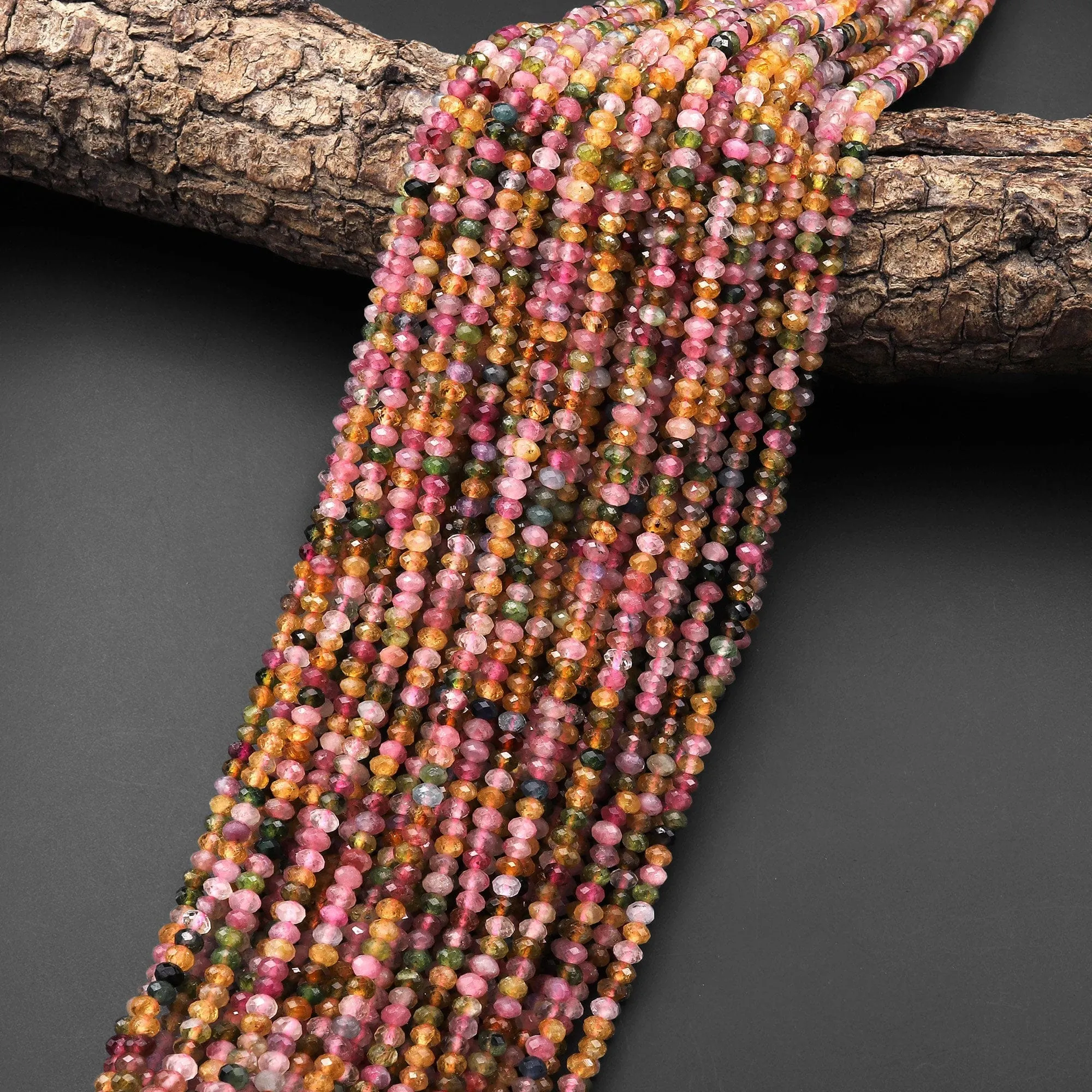 AAA Gemmy Natural Multicolor Watermelon Tourmaline Micro Faceted 4mm Rondelle Beads Pink Green Golden Yellow Gemstone 15.5" Strand