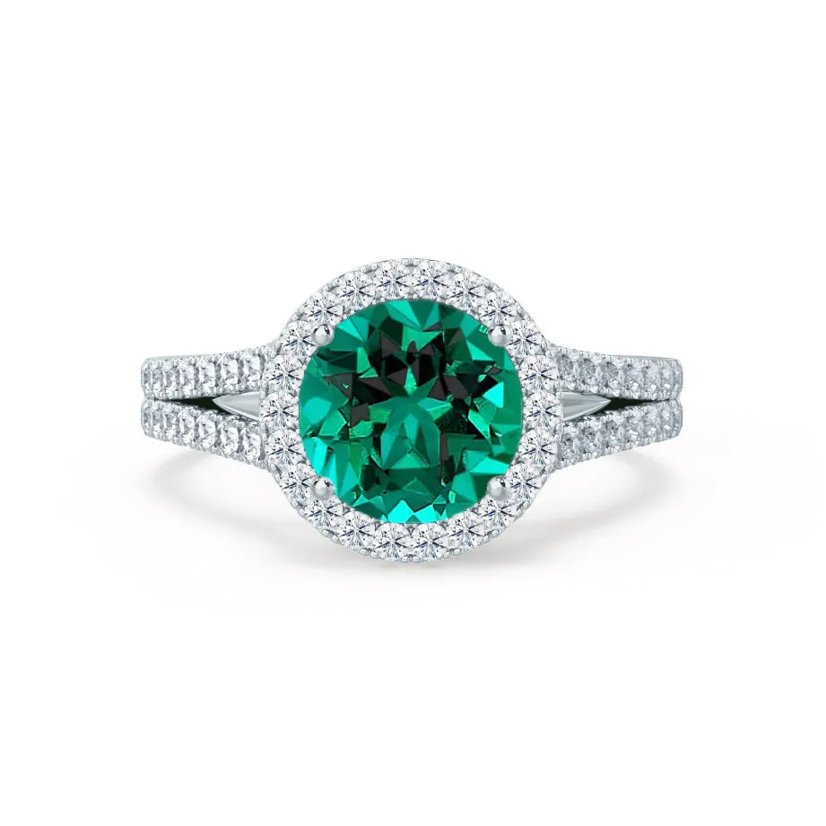 AMELIA - Chatham® Lab Grown Emerald & Diamond Platinum 950 Halo Ring