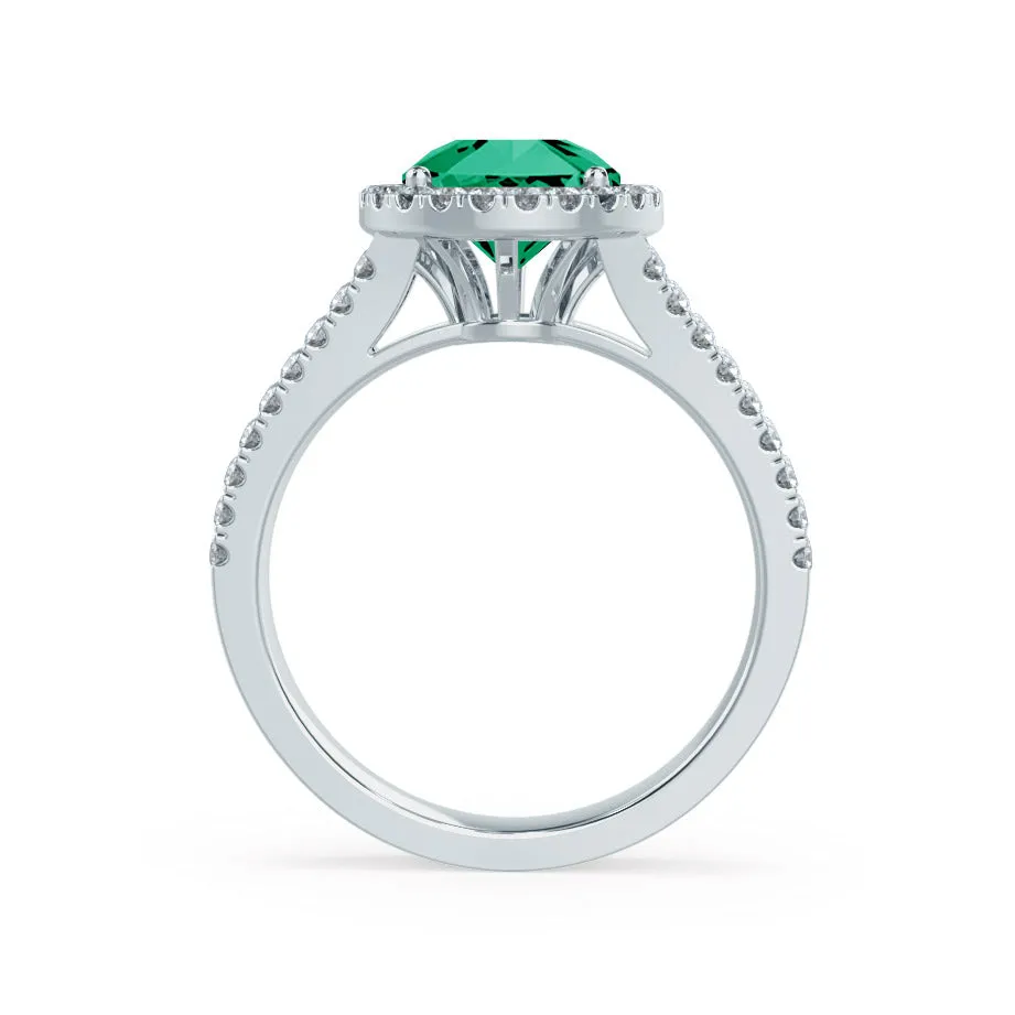 AMELIA - Chatham® Lab Grown Emerald & Diamond Platinum 950 Halo Ring