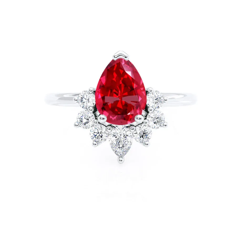 BALLET - Chatham® Pear Ruby & Diamond Half Halo Tiara Ring Platinum 950