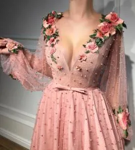 Beautiful Long Sleeves V Neck 3D Flowers Pink Prom Dresses Formal Dress SH322