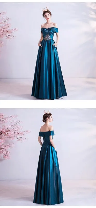 Blue A-line Off Shoulder Long Prom Dresses Online, Evening Party Dresses,12752