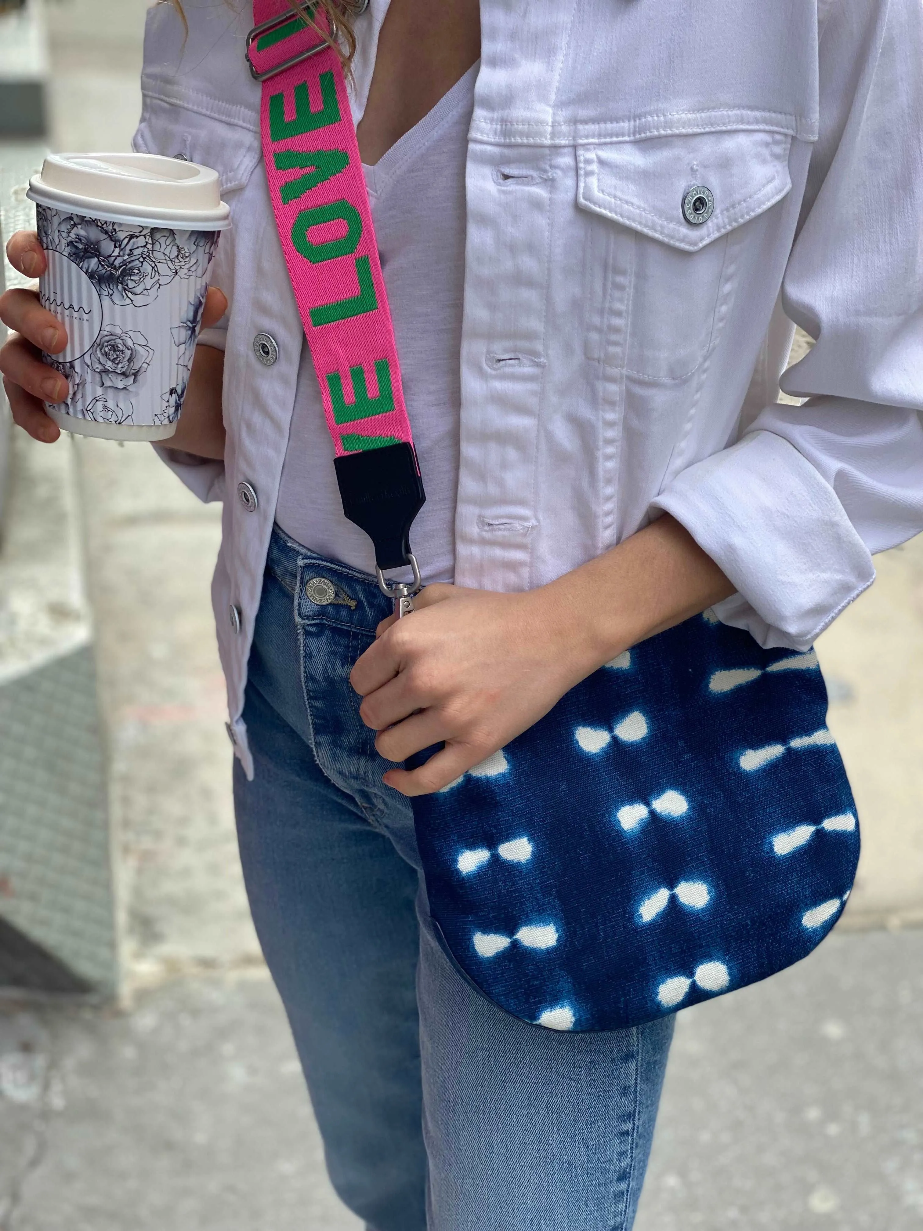 Blue Shibori Mini City Bag with Pink/Green LOVE Stripe Strap Only $28   FREE Strap ($118 value)