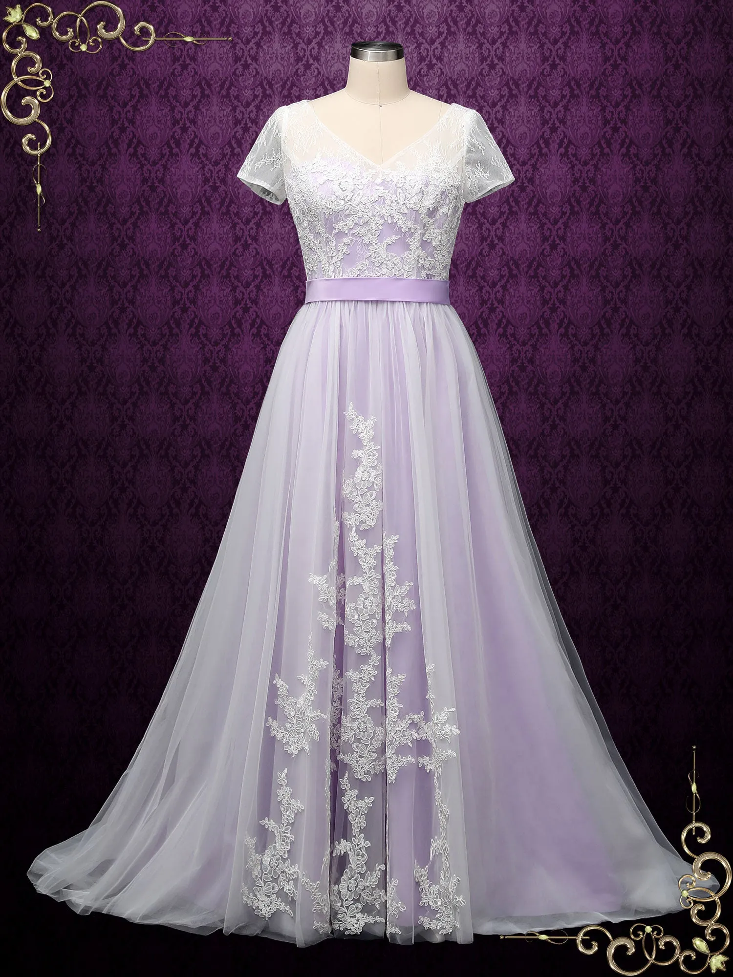 Bohemian Purple Lace Wedding Dress with Short Sleeves HAYLIE