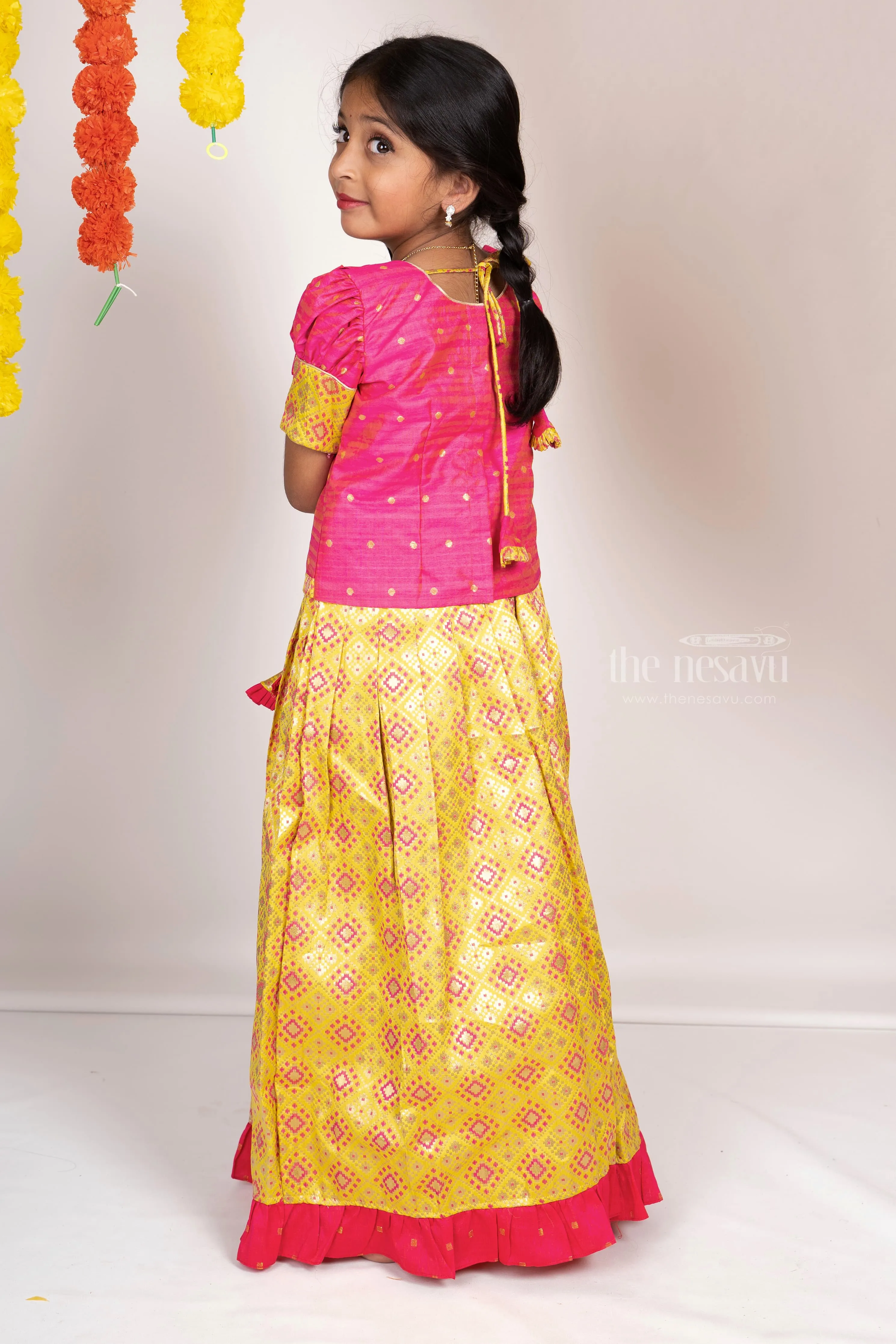 Bright Neon Green With Pink Semi Jacquard Silk Pattu Pavada Sattai For Girls