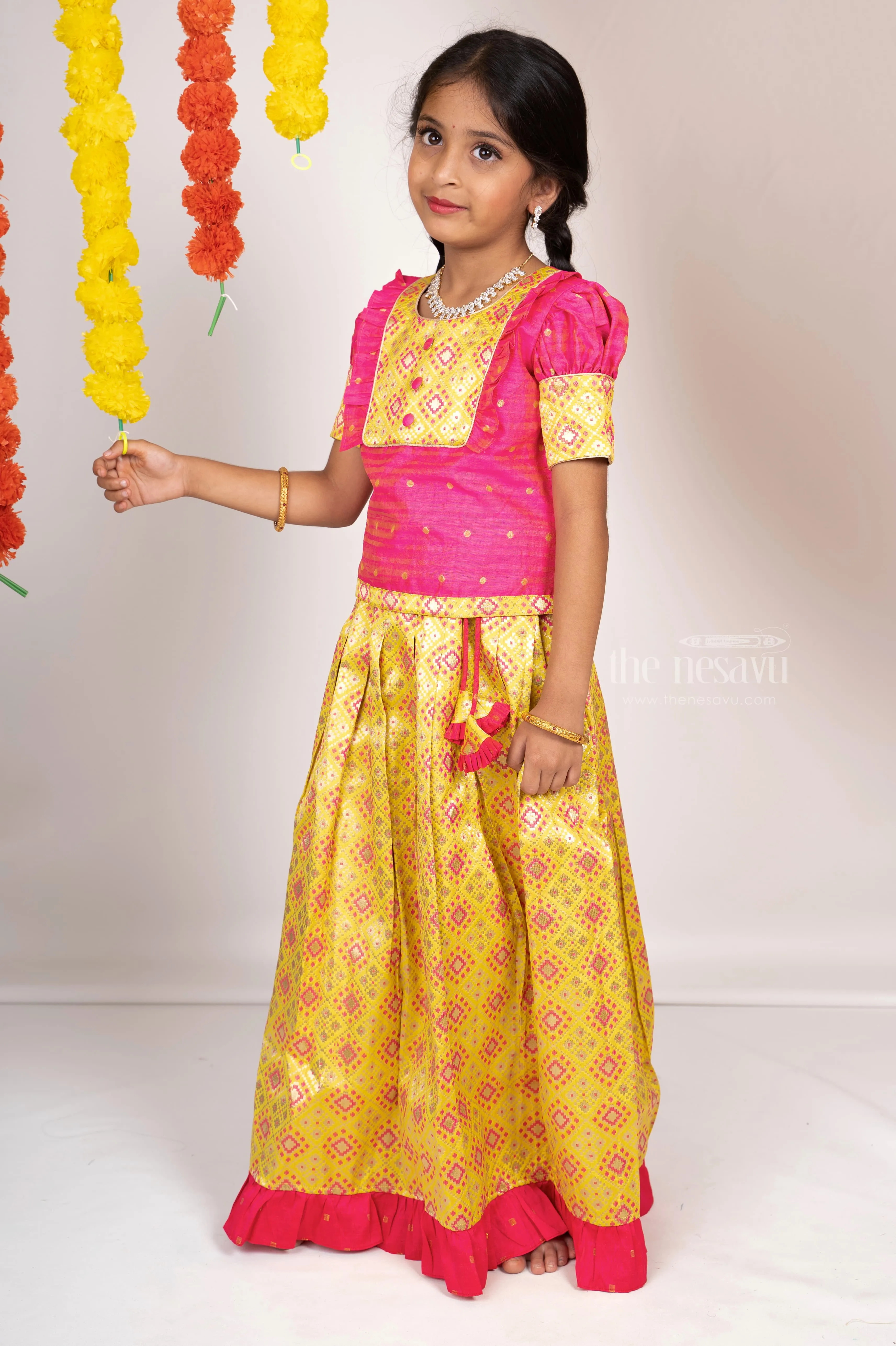 Bright Neon Green With Pink Semi Jacquard Silk Pattu Pavada Sattai For Girls