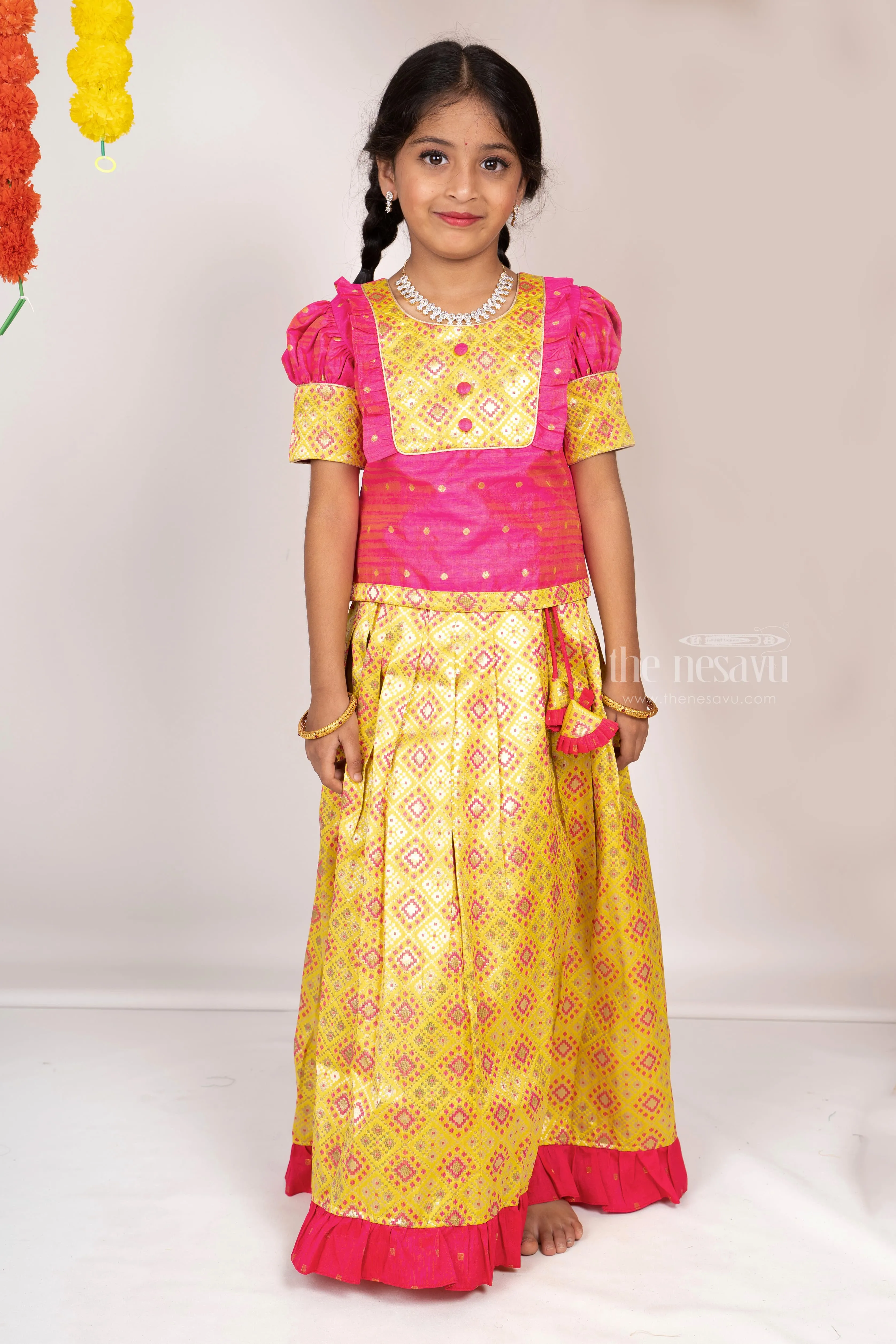 Bright Neon Green With Pink Semi Jacquard Silk Pattu Pavada Sattai For Girls