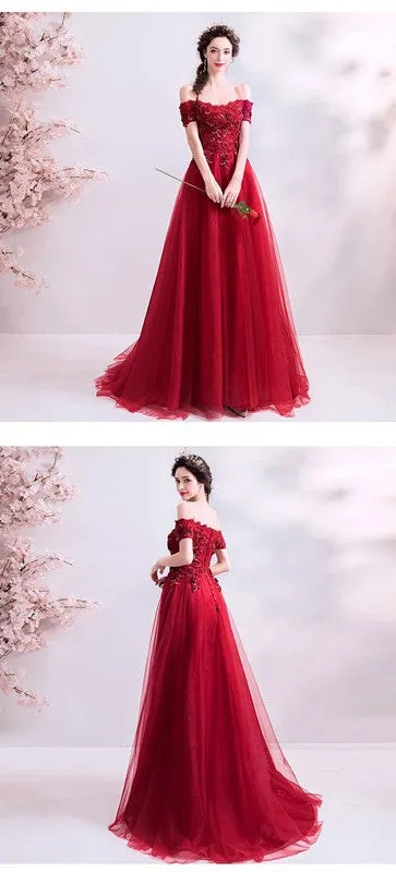 Burgundy A-line Off Shoulder Long Prom Dresses Online, Dance Dresses,12751