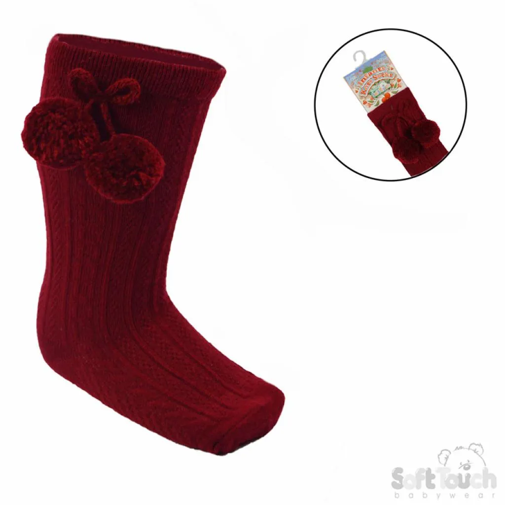 Burgundy Knee High Pom Pom Socks