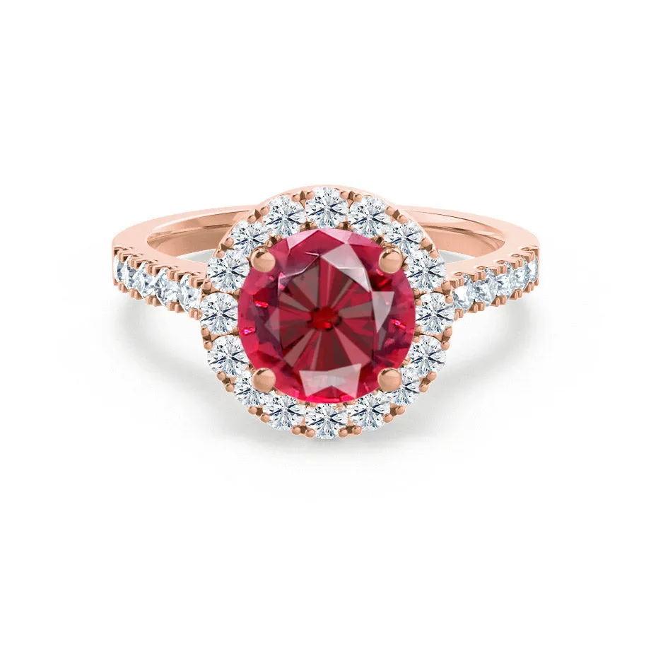 CECILY - Chatham® Lab Grown Red Ruby & Diamond 18k Rose Gold Halo Ring