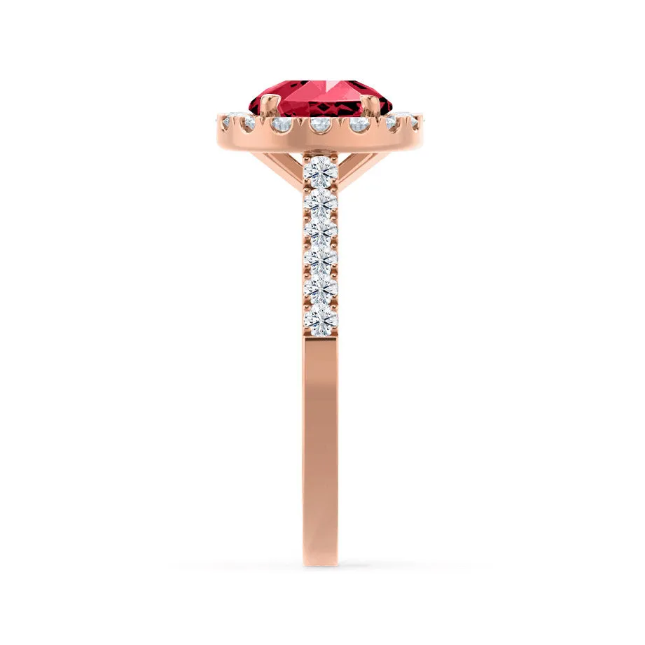 CECILY - Chatham® Lab Grown Red Ruby & Diamond 18k Rose Gold Halo Ring