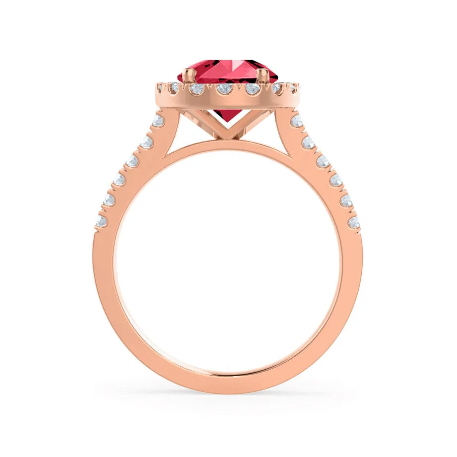 CECILY - Chatham® Lab Grown Red Ruby & Diamond 18k Rose Gold Halo Ring