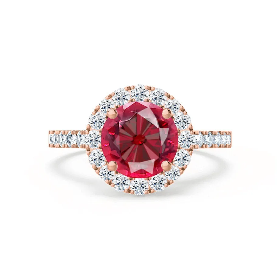 CECILY - Chatham® Lab Grown Red Ruby & Diamond 18k Rose Gold Halo Ring