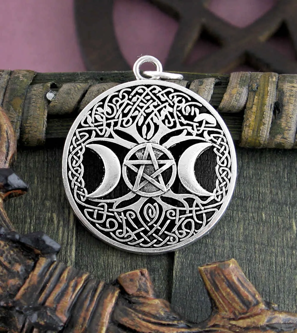 Celtic Tree of Life With Triple Moon and Pentagram Pewter Amulet Pendant